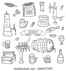 Handgezeichnete Dodle-Set aus Brauereisymbolen. Vektorgrafik-Set. Produktionssymbole für Cartoon Craft-Biere. Kollektion von skizzenhaften Brauelementen: Pub-Ausrüstung, Malz, Hopfen, Glas, Fass, Mühle, Bierhahn.