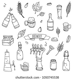Hand drawn doodle set of Brewery icons. Vector illustration set. Cartoon Craft Beer production symbols. Sketchy brewing elements collection: pub equipment, malt, hop, glass, barrel, mill, beer tap.