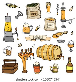 Hand drawn doodle set of Brewery icons. Vector illustration set. Cartoon Craft Beer production symbols. Sketchy brewing elements collection: pub equipment, malt, hop, glass, barrel, mill, beer tap.