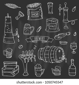 Hand drawn doodle set of Brewery icons. Vector illustration set. Cartoon Craft Beer production symbols. Sketchy brewing elements collection: pub equipment, malt, hop, glass, barrel, mill, beer tap.