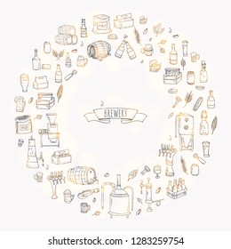 Hand drawn doodle set of Brewery icons. Vector illustration set. Cartoon Craft Beer production symbols. Sketchy brewing elements collection: pub equipment, malt, hop, glass, barrel, mill, beer tap.
