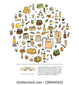 Hand drawn doodle set of Brewery icons. Vector illustration set. Cartoon Craft Beer production symbols. Sketchy brewing elements collection: pub equipment, malt, hop, glass, barrel, mill, beer tap.