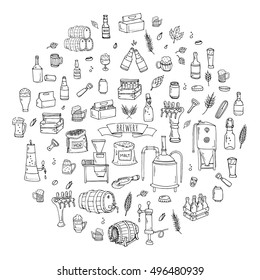 Hand drawn doodle set of Brewery icons. Vector illustration set. Cartoon Craft Beer production symbols. Sketchy brewing elements collection: pub equipment, malt, hop, glass, barrel, mill, beer tap.