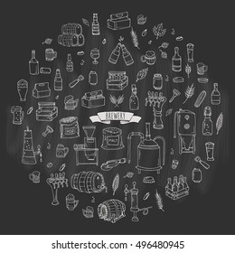 Hand drawn doodle set of Brewery icons. Vector illustration set. Cartoon Craft Beer production symbols. Sketchy brewing elements collection: pub equipment, malt, hop, glass, barrel, mill, beer tap.