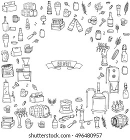 Hand drawn doodle set of Brewery icons. Vector illustration set. Cartoon Craft Beer production symbols. Sketchy brewing elements collection: pub equipment, malt, hop, glass, barrel, mill, beer tap.