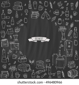 Hand drawn doodle set of Brewery icons. Vector illustration set. Cartoon Craft Beer production symbols. Sketchy brewing elements collection: pub equipment, malt, hop, glass, barrel, mill, beer tap.