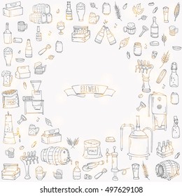 Hand drawn doodle set of Brewery icons. Vector illustration set. Cartoon Craft Beer production symbols. Sketchy brewing elements collection: pub equipment, malt, hop, glass, barrel, mill, beer tap.