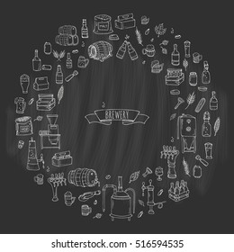 Hand drawn doodle set of Brewery icons. Vector illustration set. Cartoon Craft Beer production symbols. Sketchy brewing elements collection: pub equipment, malt, hop, glass, barrel, mill, beer tap.