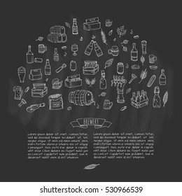 Hand drawn doodle set of Brewery icons. Vector illustration set. Cartoon Craft Beer production symbols. Sketchy brewing elements collection: pub equipment, malt, hop, glass, barrel, mill, beer tap.