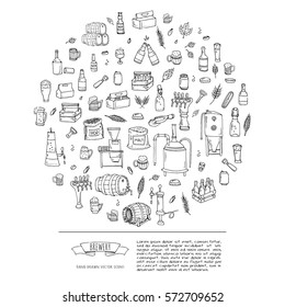 Hand drawn doodle set of Brewery icons. Vector illustration set. Cartoon Craft Beer production symbols. Sketchy brewing elements collection: pub equipment, malt, hop, glass, barrel, mill, beer tap.