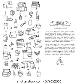 Hand drawn doodle set of Brewery icons. Vector illustration set. Cartoon Craft Beer production symbols. Sketchy brewing elements collection: pub equipment, malt, hop, glass, barrel, mill, beer tap.