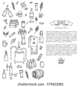 Hand drawn doodle set of Brewery icons. Vector illustration set. Cartoon Craft Beer production symbols. Sketchy brewing elements collection: pub equipment, malt, hop, glass, barrel, mill, beer tap.