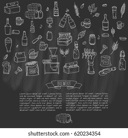 Hand drawn doodle set of Brewery icons. Vector illustration set. Cartoon Craft Beer production symbols. Sketchy brewing elements collection: pub equipment, malt, hop, glass, barrel, mill, beer tap.