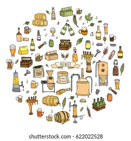 Hand drawn doodle set of Brewery icons. Vector illustration set. Cartoon Craft Beer production symbols. Sketchy brewing elements collection: pub equipment, malt, hop, glass, barrel, mill, beer tap.