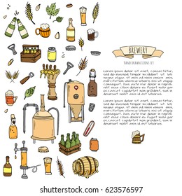Hand drawn doodle set of Brewery icons. Vector illustration set. Cartoon Craft Beer production symbols. Sketchy brewing elements collection: pub equipment, malt, hop, glass, barrel, mill, beer tap.