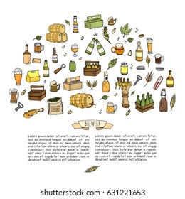 Hand drawn doodle set of Brewery icons. Vector illustration set. Cartoon Craft Beer production symbols. Sketchy brewing elements collection: pub equipment, malt, hop, glass, barrel, mill, beer tap.