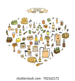 Hand drawn doodle set of Brewery icons. Vector illustration set. Cartoon Craft Beer production symbols. Sketchy brewing elements collection: pub equipment, malt, hop, glass, barrel, mill, beer tap.