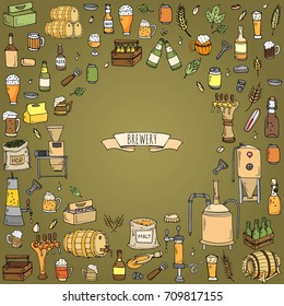 Hand drawn doodle set of Brewery icons. Vector illustration set. Cartoon Craft Beer production symbols. Sketchy brewing elements collection: pub equipment, malt, hop, glass, barrel, mill, beer tap.