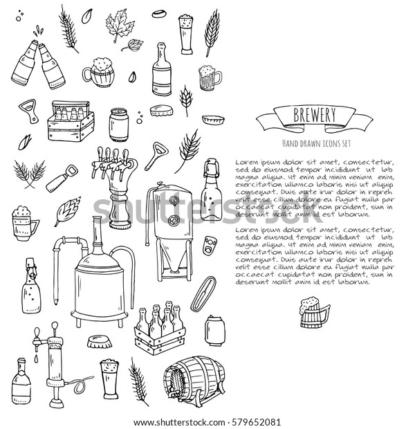 ビールのアイコンの手描きの落書きセット ベクターイラストセット カートーンクラフトビールの制作シンボル Sketchy Breoring Elementsコレクション Pub Equipment Malt Hop のベクター画像素材 ロイヤリティフリー