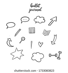 Conjunto de doodles dibujado a mano para la ilustración vectorial de la revista Bullet. Elementos para cuaderno, diario, planificador, para hacer y lista de cubos.
