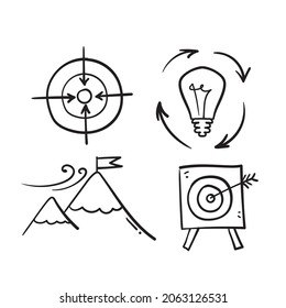 hand drawn doodle set of a business strategy symbol for personal focus, creative thinking, brainstorm, ambition, goal illustration vector