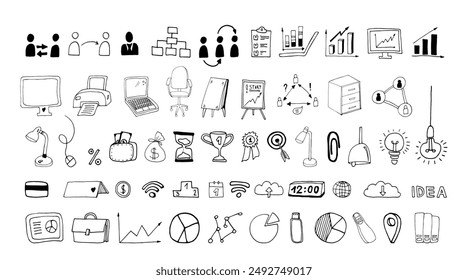 Hand drawn doodle set of business process and work office elements. 