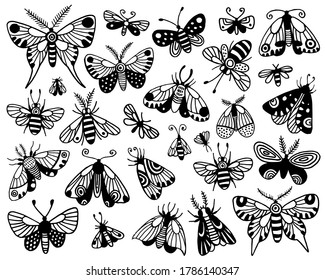 Hand drawn doodle set of butterflies, insects, moths and bees. Outline drawing. Vector illustration. Butterfly silhouettes. Collection vector elements for design.