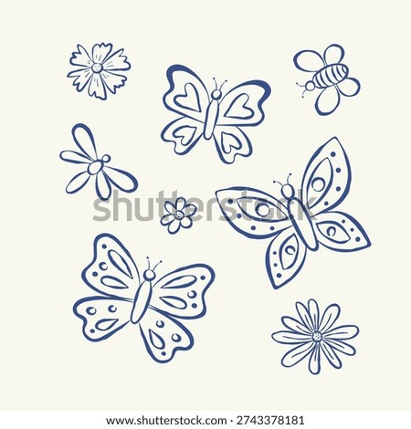 Hand drawn doodle set with butterflies, flowers and insects in ink sketch style. Ideal for kids print, coloring page, scrapbooking, card, sticker and spring decorative design. Flat vector illustration