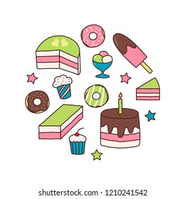 Hand drawn doodle set with cakes, muffins, donuts and ice creams. Vector illustration suitable for greeting cards, posters, templates.