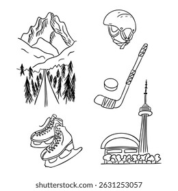 Hand drawn doodle set of Canadian icons including mountains, hockey gear, skates, and CN Tower. This vector represents national identity, sports culture and natural landmarks of Canada