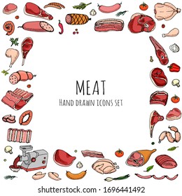 Hand drawn doodle set of cartoon different kind of meat and poultry. Vector illustration. Sketchy elements collection Lamb Pork Ham Mince Chicken Steak Bacon Sausage Salami Delicatessen. Cartoon style
