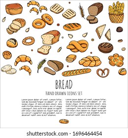 Hand drawn doodle set of cartoon food: rye bread, ciabatta, whole grain, bagel, sliced, french baguette, croissant. Vector illustration Sketchy elements collection Cartoon style Suitable for menu