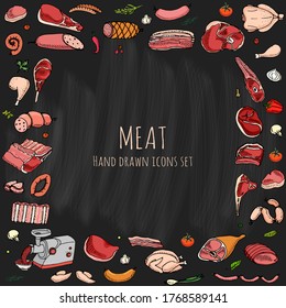 Hand drawn doodle set of cartoon different kind of meat and poultry. Vector illustration. Sketchy elements collection Lamb Pork Ham Mince Chicken Steak Bacon Sausage Salami Delicatessen. Cartoon style