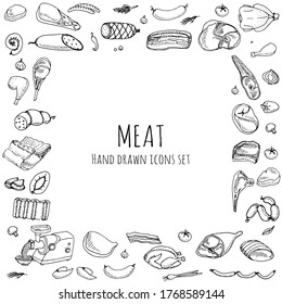 Hand drawn doodle set of cartoon different kind of meat and poultry. Vector illustration. Sketchy elements collection Lamb Pork Ham Mince Chicken Steak Bacon Sausage Salami Delicatessen. Cartoon style