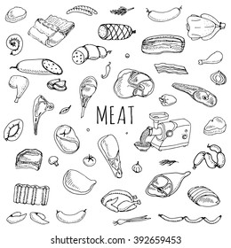 Hand drawn doodle set of cartoon different kind of meat and poultry set. Vector illustration Sketchy food elements collection Lamb Pork Ham Mince Chicken Turkey Steak Bacon Sausage Salami Delicatessen