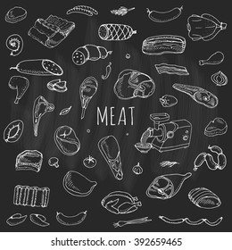 Hand drawn doodle set of cartoon different kind of meat and poultry set. Vector illustration Sketchy food elements collection Lamb Pork Ham Mince Chicken Turkey Steak Bacon Sausage Salami Delicatessen