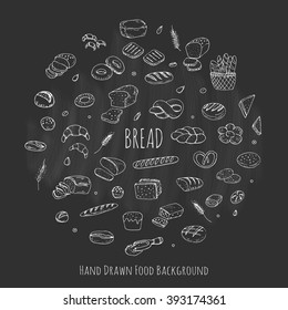 Hand drawn doodle set of cartoon food: rye, ciabatta, whole grain, sliced bread, bagel, french baguette, croissant Vector illustration Sketchy flour products elements collection Wheat Bakery concept