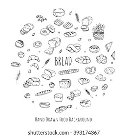 Hand drawn doodle set of cartoon food: rye, ciabatta, whole grain, sliced bread, bagel, french baguette, croissant Vector illustration Sketchy flour products elements collection Wheat Bakery concept