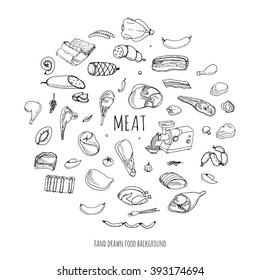 Hand drawn doodle set of cartoon different kind of meat and poultry set. Vector illustration Sketchy food elements collection Lamb Pork Ham Mince Chicken Turkey Steak Bacon Sausage Salami Delicatessen