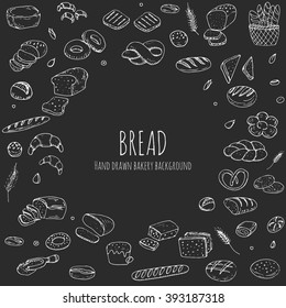 Hand drawn doodle set of cartoon food: rye, ciabatta, whole grain, sliced bread, bagel, french baguette, croissant Vector illustration Sketchy flour products elements collection Wheat Bakery concept