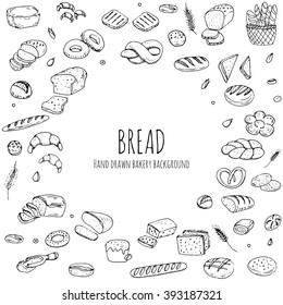 Hand drawn doodle set of cartoon food: rye, ciabatta, whole grain, sliced bread, bagel, french baguette, croissant Vector illustration Sketchy flour products elements collection Wheat Bakery concept