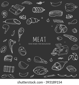 Hand drawn doodle set of cartoon different kind of meat and poultry set. Vector illustration Sketchy food elements collection Lamb Pork Ham Mince Chicken Turkey Steak Bacon Sausage Salami Delicatessen