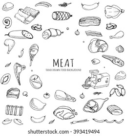 Hand drawn doodle set of cartoon different kind of meat and poultry set. Vector illustration Sketchy food elements collection Lamb Pork Ham Mince Chicken Turkey Steak Bacon Sausage Salami Delicatessen