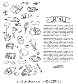 Hand drawn doodle set of cartoon different kind of meat and poultry Meat set Vector illustration Sketchy meat elements collection Lamb Pork Ham Mince Chicken Steak Bacon Sausage Salami Delicatessen