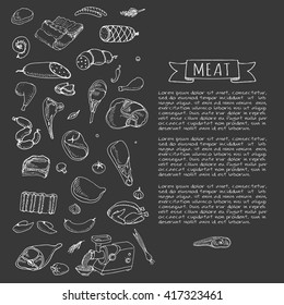 Hand drawn doodle set of cartoon different kind of meat and poultry Meat set Vector illustration Sketchy meat elements collection Lamb Pork Ham Mince Chicken Steak Bacon Sausage Salami Delicatessen