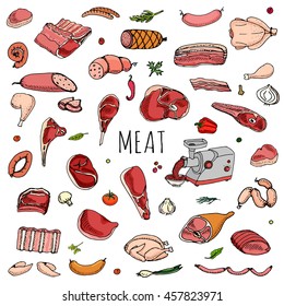 Hand drawn doodle set of cartoon different kind of meat and poultry. Vector illustration set. Sketchy food elements collection: Lamb, Pork, Ham, Mince, Chicken, Steak, Bacon, Sausage, Salami, Veggie.