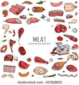 Handgezeichnete Doodle-Set aus Cartoon verschiedener Art von Fleisch und Geflügel. Vektorgrafik-Set. Sammlung skizzenhafter Lebensmittelelemente: Lamm, Schweinefleisch, Schinken, Minze, Huhn, Steak, Bacon, Wurst, Salami, Veggie.