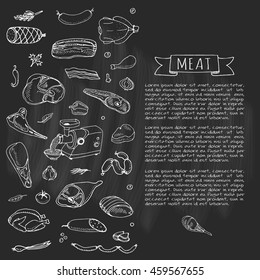 Hand drawn doodle set of cartoon different kind of meat and poultry. Vector illustration set. Sketchy food elements collection: Lamb, Pork, Ham, Mince, Chicken, Steak, Bacon, Sausage, Salami, Veggie.