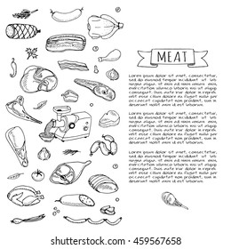 Hand drawn doodle set of cartoon different kind of meat and poultry. Vector illustration set. Sketchy food elements collection: Lamb, Pork, Ham, Mince, Chicken, Steak, Bacon, Sausage, Salami, Veggie.