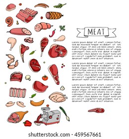 Hand drawn doodle set of cartoon different kind of meat and poultry. Vector illustration set. Sketchy food elements collection: Lamb, Pork, Ham, Mince, Chicken, Steak, Bacon, Sausage, Salami.